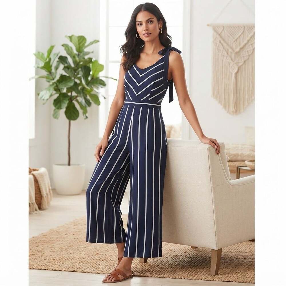 Jessica Howard Navy Blue And White Striped Jumpsuit Size 14